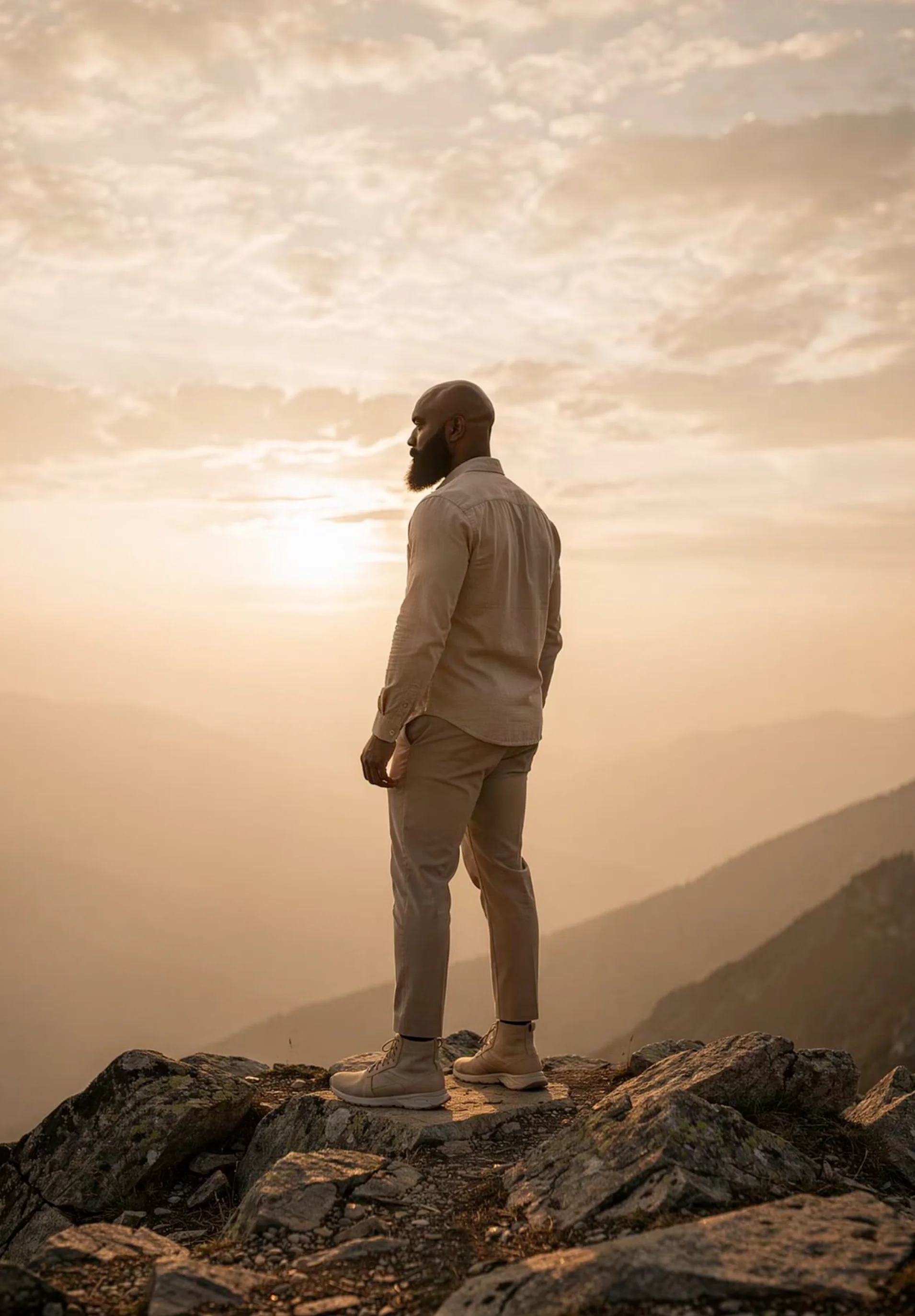 LJ Modeste standing on a mountain at sunset